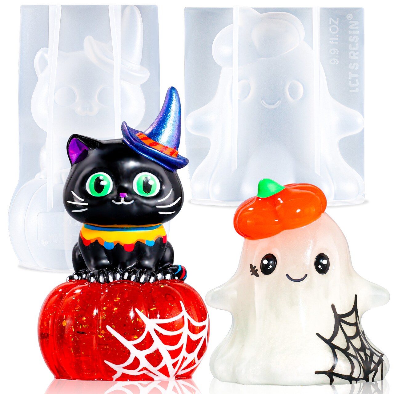 LET'S RESIN Halloween Resin Molds Silicone, Ghost Silicone Molds & Cat Pumpkin Epoxy Resin Molds with Witch Hat,Perfect for Resin Casting,Halloween Party, Thanksgiving Autumn Decor, Gifts(2PCS)
